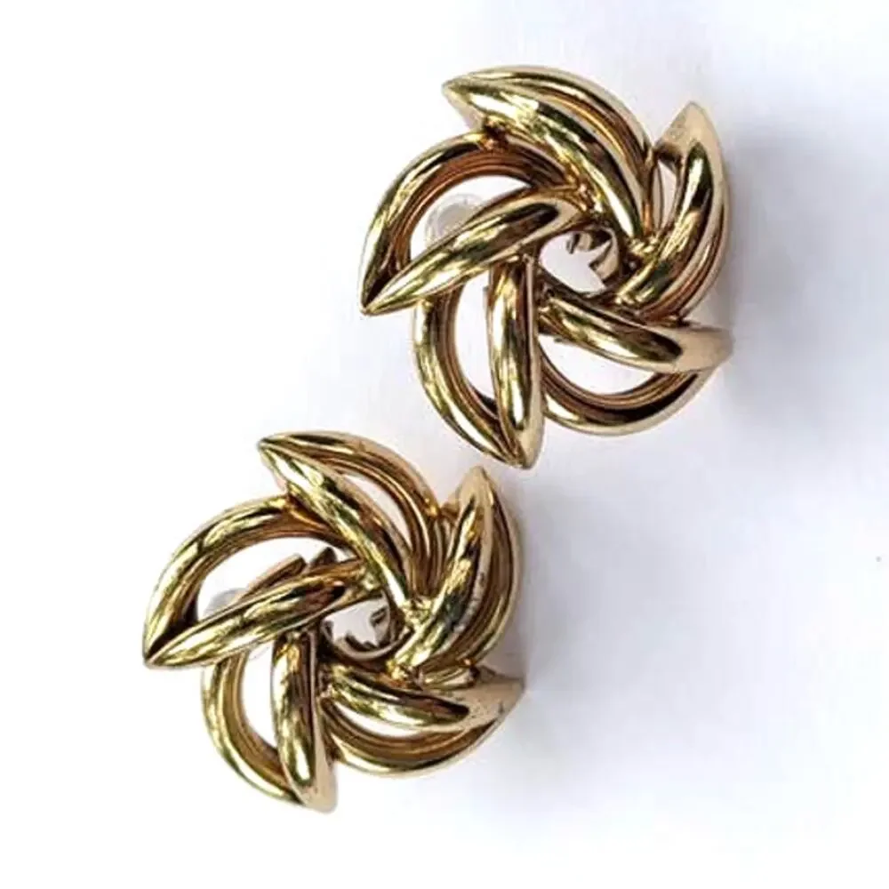 Gold-tone pin-wheel, wind-mill spiral post earrings